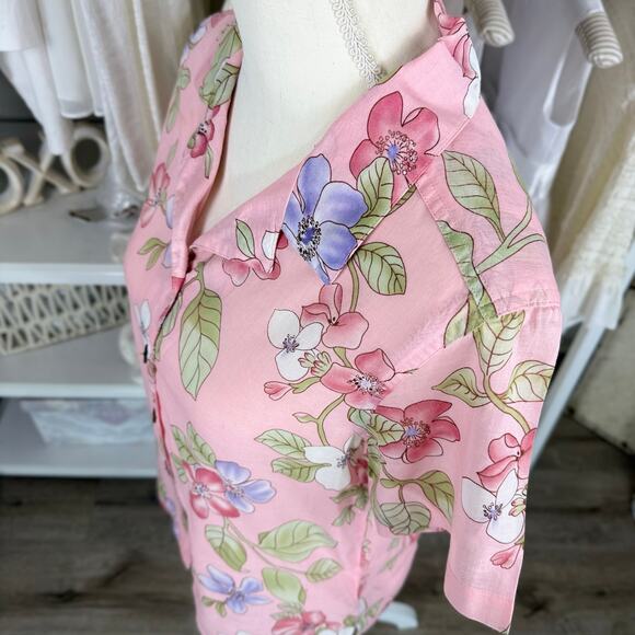 Jamaica Bay size small cotton button up pink floral top coastal botanical #3972 - Picture 5 of 8